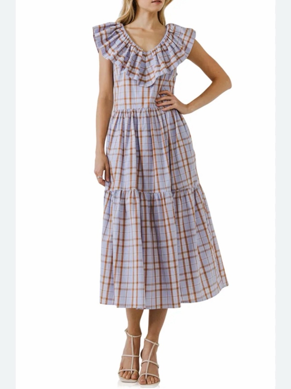 English Factory Blue and Tan Plaid Ruffle Midi Dress